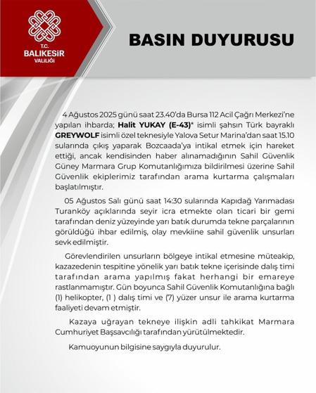 Yalovadan Bozcaadaya gitmek için açıldığı teknesi parçalanmış halde bulunan iş insanı aranıyor