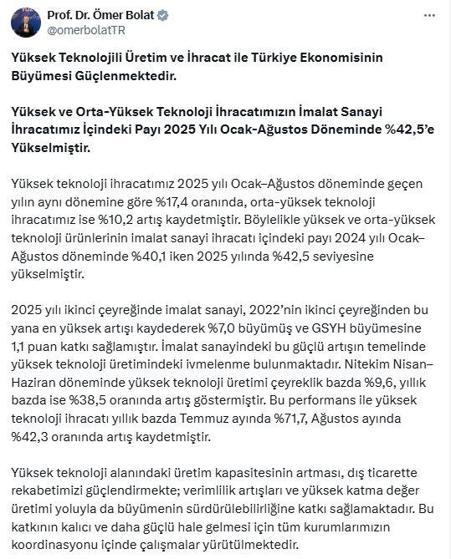 Bakan Bolat: Yüksek ve orta-tüksek teknoloji ihracatımızın payı yüzde 42,5e yükselmiştir
