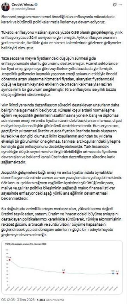 Cevdet Yılmaz: Enflasyonda aşağı yönlü ana eğilimin devam etmesi bekleniyor