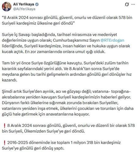 Bakan Yerlikaya: 8 Aralık 2024 sonrası 578 bin Suriyeli ülkesine geri döndü