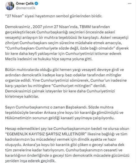 AK Partili Çelikten 27 Nisan e-muhtıra mesajı