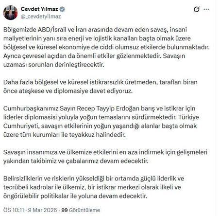 Cevdet Yılmaz: Tarafları bir an önce ateşkese ve diplomasiye davet ediyoruz
