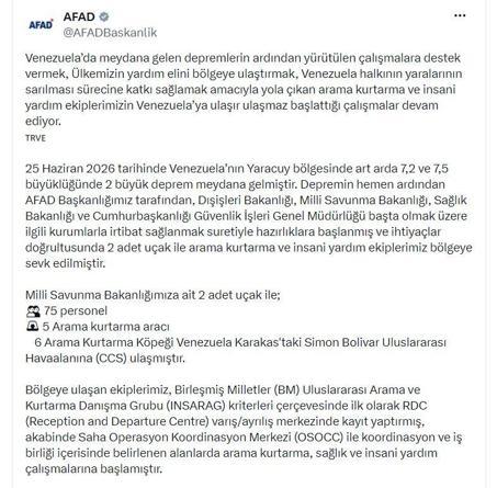 Türkiyeden Venezuelaya arama kurtarma ve insani yardım desteği