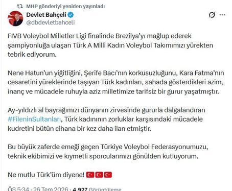 Bahçeliden, A Milli Kadın Voleybol Takımına tebrik