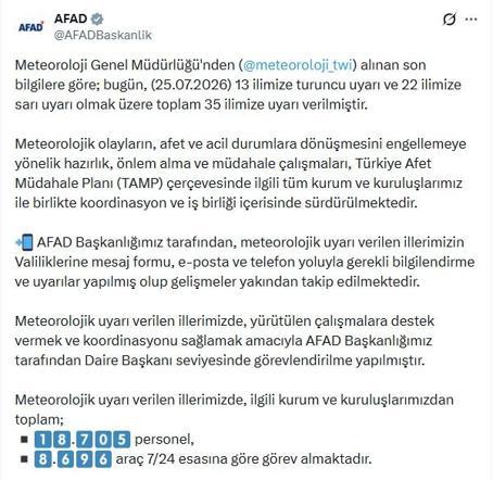 AFAD: Uyarı verilen illerde 18 bin 705 personel görevlendirildi