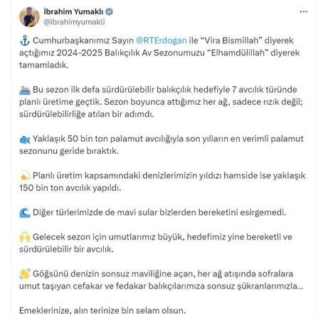 Bakan Yumaklı: Son yılların en verimli palamut sezonunu geride bıraktık