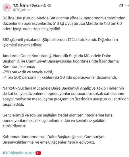 30 ilde narkotik operasyonları: 122 tutuklama