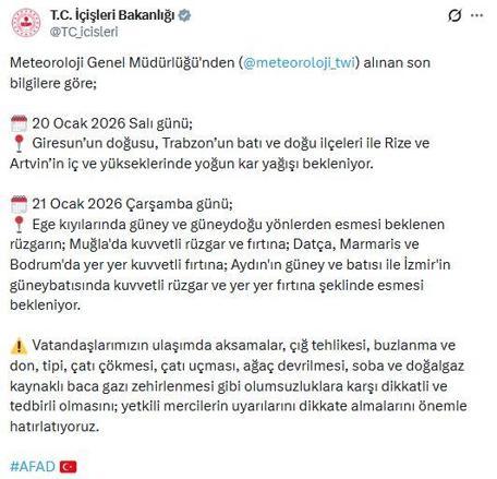 İçişleri Bakanlığından yoğun kar yağışı ve fırtına uyarısı