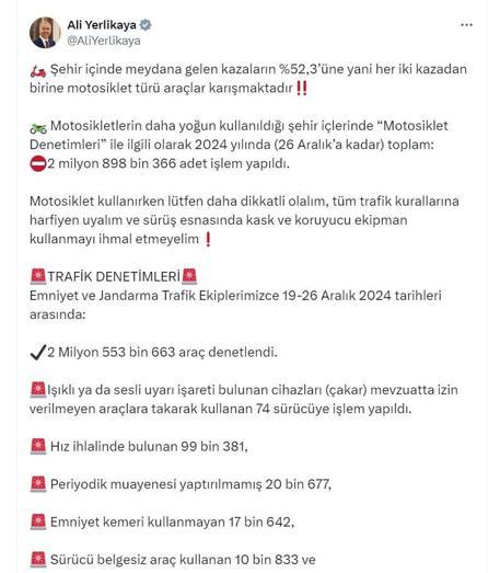 2 milyon 553 bin araçta denetim; 444 bin sürücüye ceza