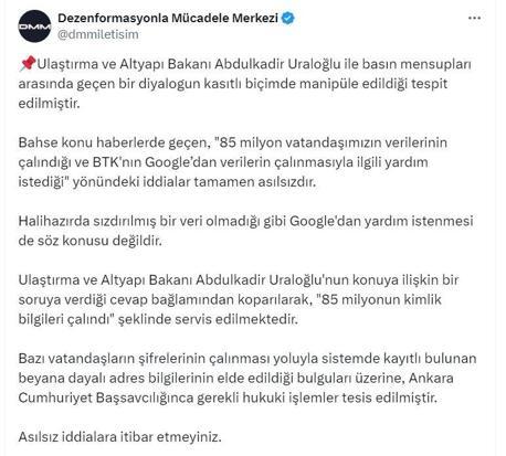 85 milyon kişinin verilerinin çalındığı iddiasına yalanlama