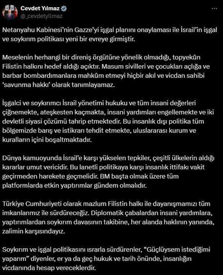Cevdet Yılmaz: İsrail, iki devletli siyasi çözümü tahrip etmektedir