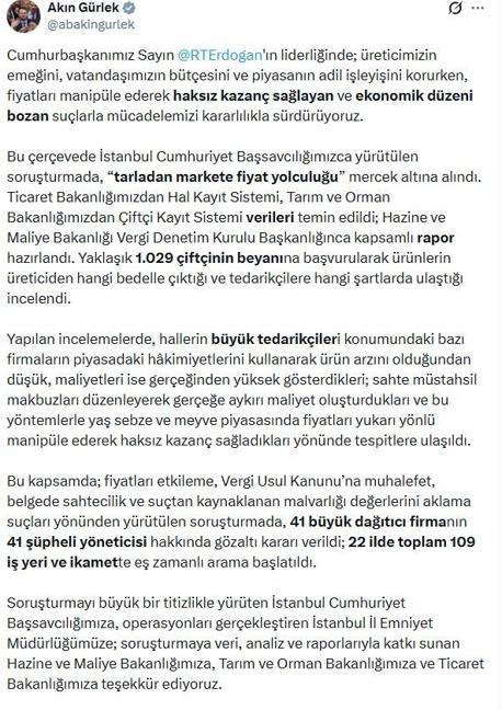 Sebze ve meyvede fahiş fiyat operasyonu; 41 firmanın yöneticisi hakkında gözaltı kararı