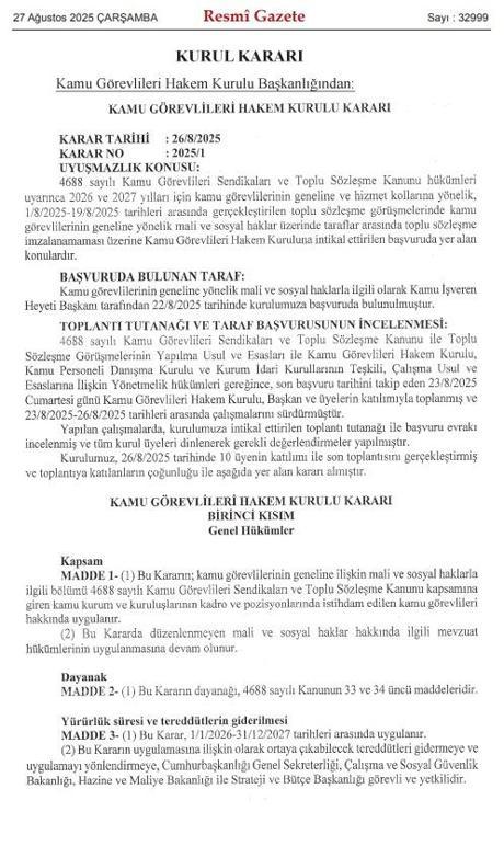 Kamu Görevlileri Hakem Kurulu kararı Resmi Gazetede yayımlandı