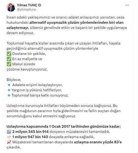 Bakan Tunç: Uzlaştırma ile 1 milyon 947 bin dosyada anlaşma sağladık