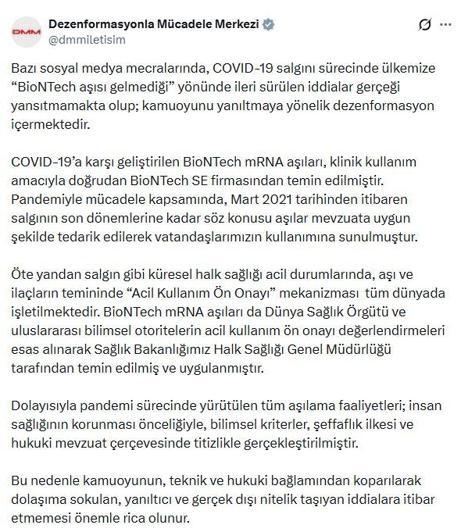 DMM: Salgın sürecinde ülkemize BioNTech aşısı gelmediği iddiaları gerçeği yansıtmamaktadır