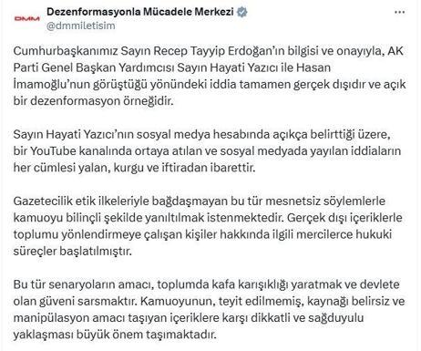 DMM: Hayati Yazıcı ile İmamoğlunun babasının görüştüğü iddiası gerçek dışı