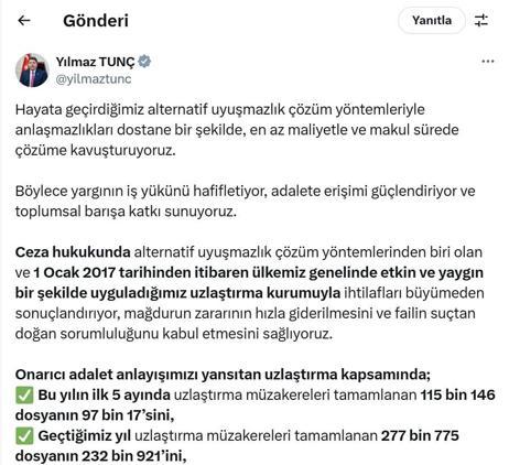 Bakan Tunç: Uzlaşma oranını yüzde 83e çıkararak büyük bir başarıya imza attık