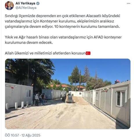 Bakan Yerlikaya: Sındırgı Alacaatlı köyünde 10 konteyner kurulumu tamamlandı