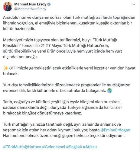 Bakan Ersoy: Mutfağımızın evrensel dili, farklı kültürlerle buluşacak