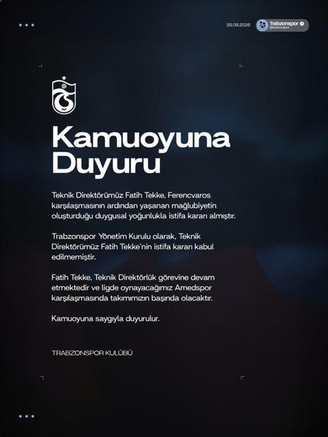 Trabzonspor, Fatih Tekkenin istifasını kabul etmedi
