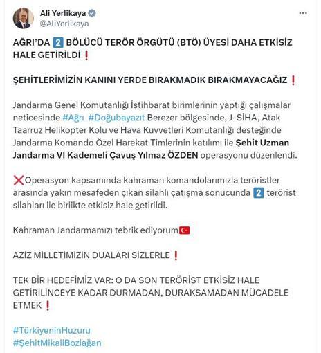 Bakan Yerlikaya: Ağrıda 2 terörist etkisiz hale getirildi