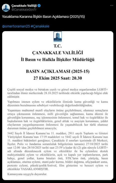 Çanakkalede LGBTİ etkinlikleri yasaklandı