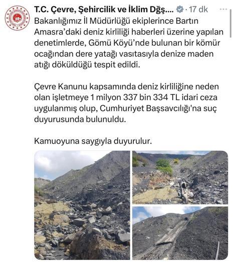 Bakanlıktan, denize maden artığı döken kömür ocağına 1,3 milyon lira ceza