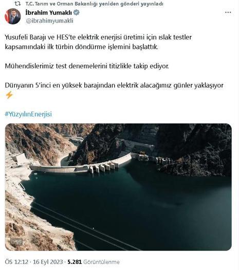 Bakan Yumaklı: Yusufeli Barajında türbin döndürme işlemine başlandı