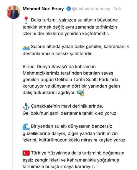 Bakan Ersoy: Çanakkalenin mavi derinliklerinde, Gelibolunun şanlı destanına tanıklık ediyoruz