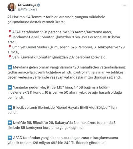 Bakan Yerlikaya: Bilecik ve İzmir, afet bölgesi ilan edildi