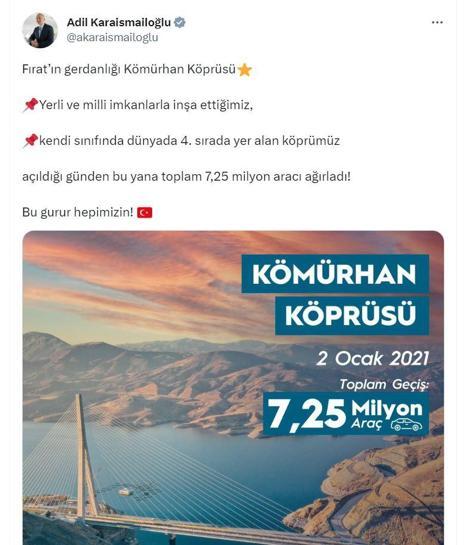 Bakan Karaismailoğlu: Kömürhan Köprüsü 7,25 milyon aracı ağırladı
