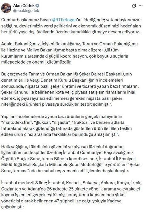 İstanbul merkezli 8 ilde şeker soruşturması; 47 şüpheli ifadeye çağrıldı