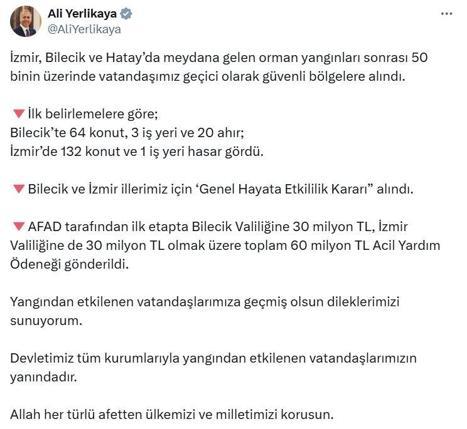 Bakan Yerlikaya: Bilecek ve İzmire 60 milyon TL acil yardım ödeneği gönderildi