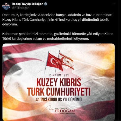 Cumhurbaşkanı Erdoğan, KKTCnin kuruluş yıl dönümünü kutladı