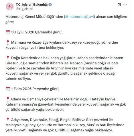 İçişleri Bakanlığından sağanak uyarısı