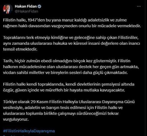 Bakan Fidandan, Filistin Halkıyla Uluslararası Dayanışma Günü mesajı