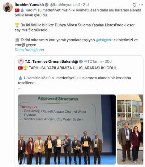 Bakan Yumaklı: Dünya Mirası Sulama Yapıları Listesindeki eser sayımız 5’e yükseldi
