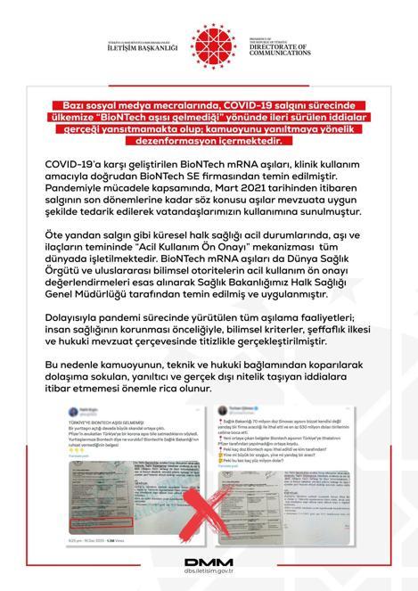 DMM: Salgın sürecinde ülkemize BioNTech aşısı gelmediği iddiaları gerçeği yansıtmamaktadır