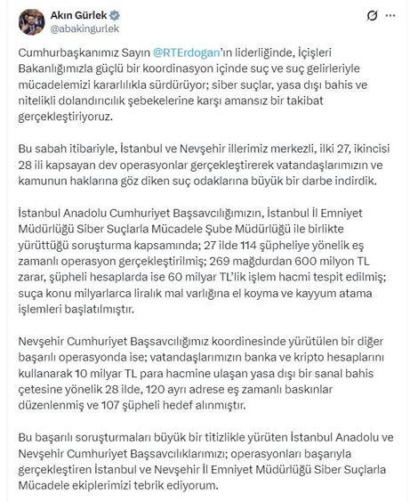 Dolandırıcılık ve yasa dışı bahis soruşturmalarında 221 gözaltı kararı