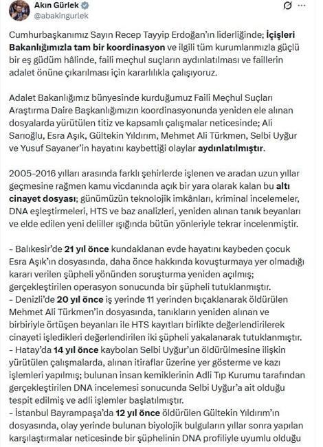 Bakan Gürlek duyurdu; 6 cinayet dosyası aydınlatıldı