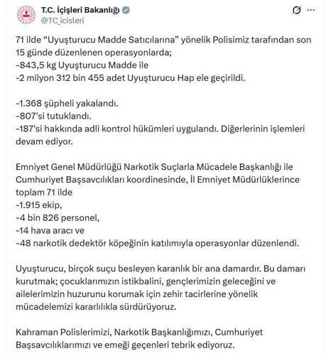 71 ilde uyuşturucu operasyonu: 807 tutuklama