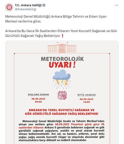 Ankara Valiliğinden sağanak uyarısı