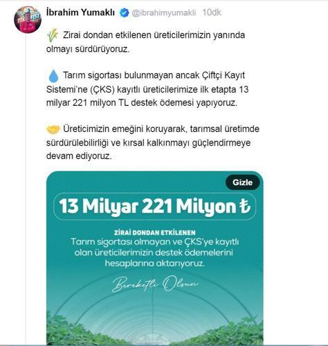 Zirai dondan etkilenen üreticilere 13 milyar 221 milyon lira destek