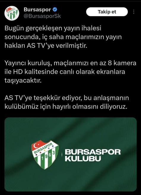 Bursaspor’un iç saha maçları AS TV’de yayınlanacak