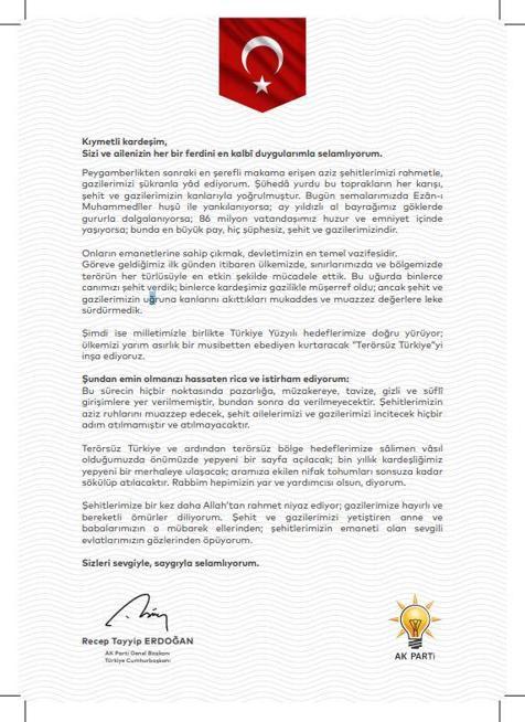 Cumhurbaşkanı Erdoğandan şehit ve gazi ailelerine mektup
