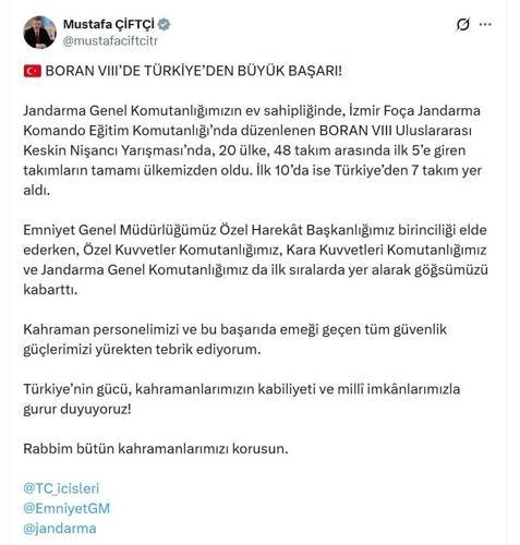 Bakan Çiftçiden keskin nişancı yarışmasında dereceye girenlere tebrik