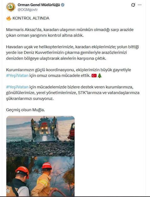 Muğlada orman yangını ikinci gününde kontrol altında