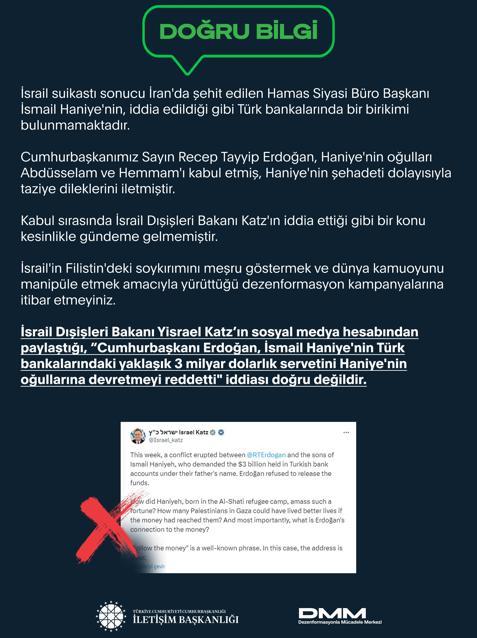 İletişim Başkanlığı, Haniyenin Türk bankalarında birikimi olduğu iddiasını yalanladı