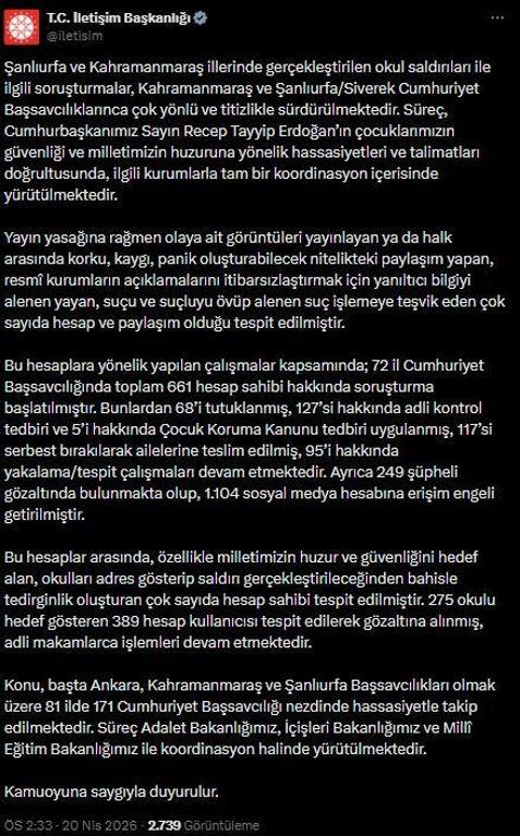 İletişim Başkanlığı: Okullardaki saldırılara ilişkin 661 hesap sahibi hakkında soruşturma başlatıldı