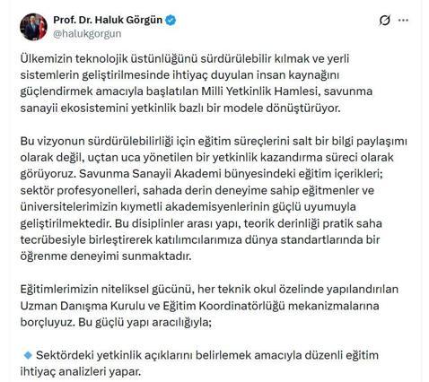 Haluk Görgünden Savunma Sanayii Akademi paylaşımı
